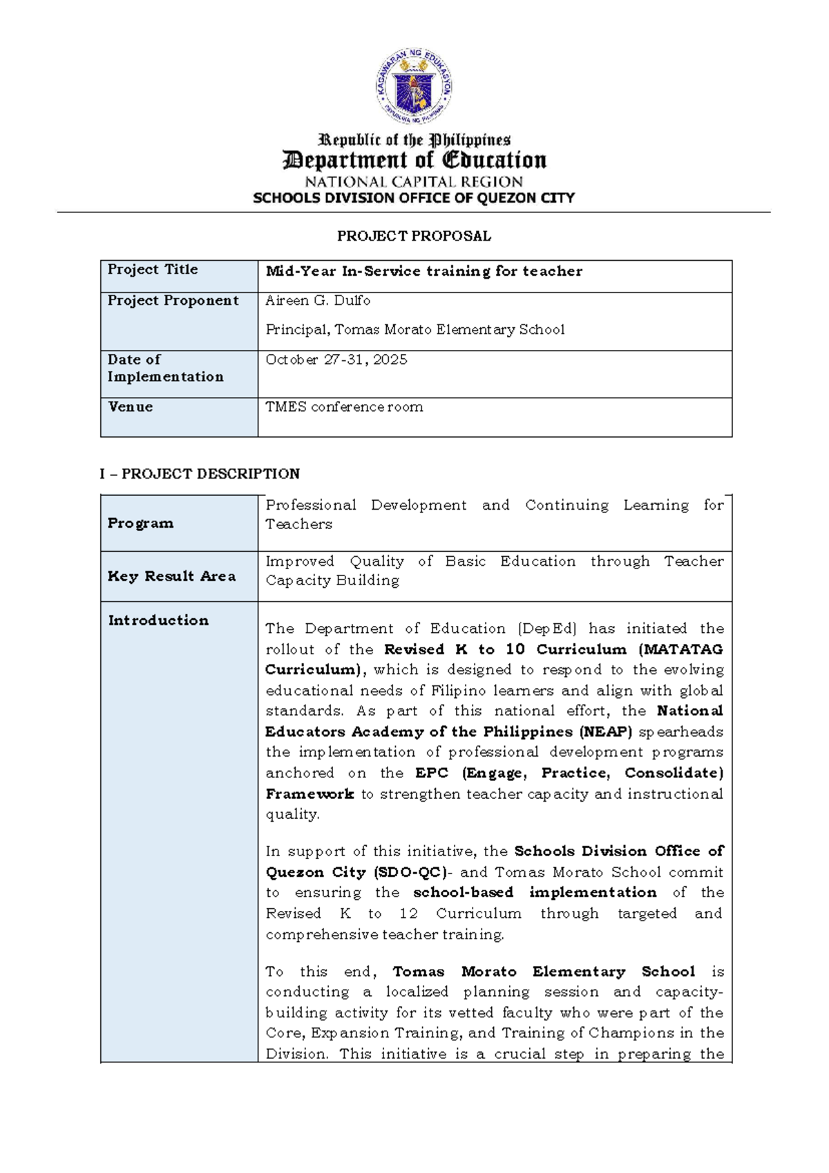 PROJECT PROPOSAL: Teacher Training for K to 10 Curriculum ...