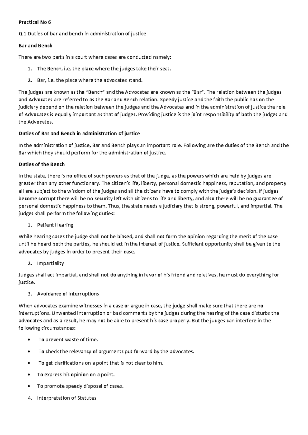 Professional Ethics - Practical 06: Duties of Bar and Bench in Justice ...