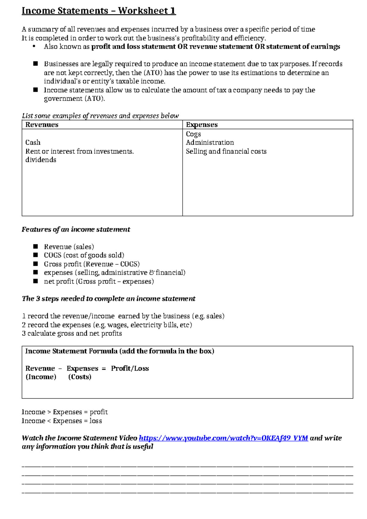 Income Statements Worksheet 1: Key Features and Calculations - Studocu