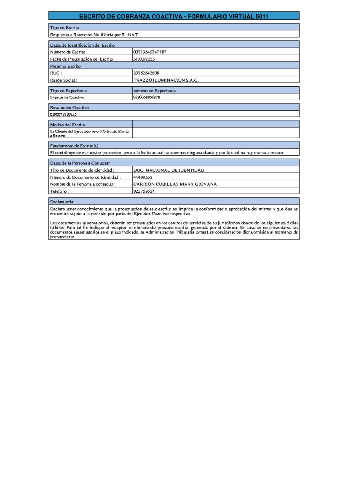 ESCRITO DE COBRANZA COACTIVA FORMULARIO VIRTUAL 5011 - SUNAT - Studocu