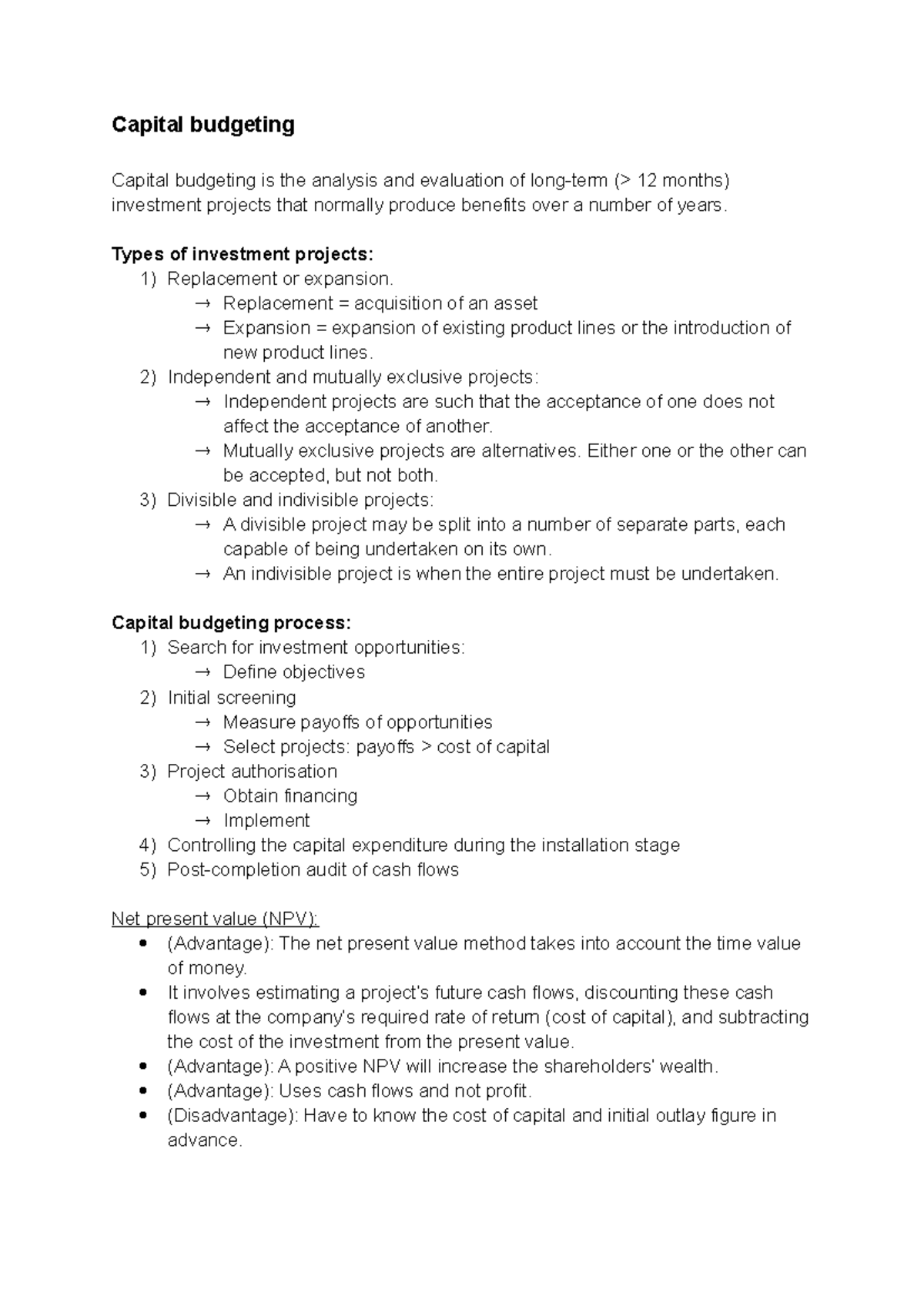 Capital budgeting notes - Capital budgeting Capital budgeting is the ...