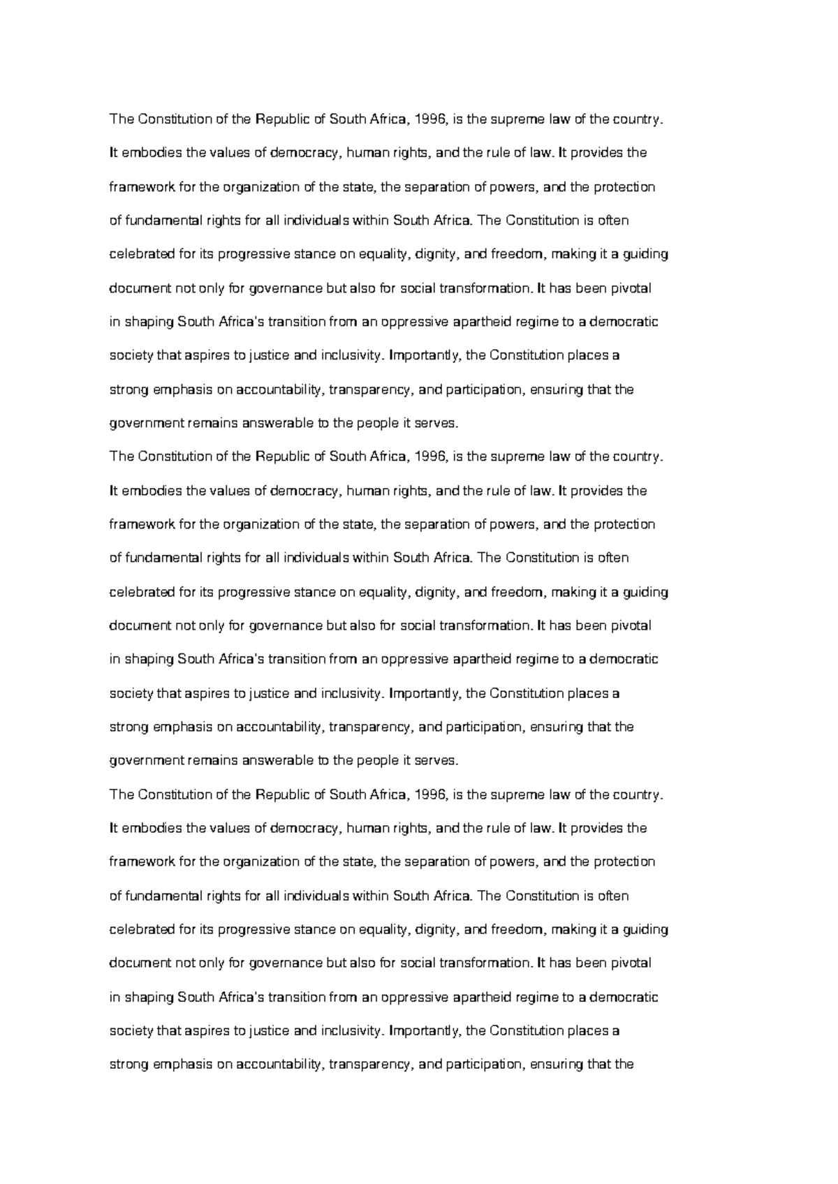 Constitution of South Africa, 1996: A Summary of Key Principles - Studocu