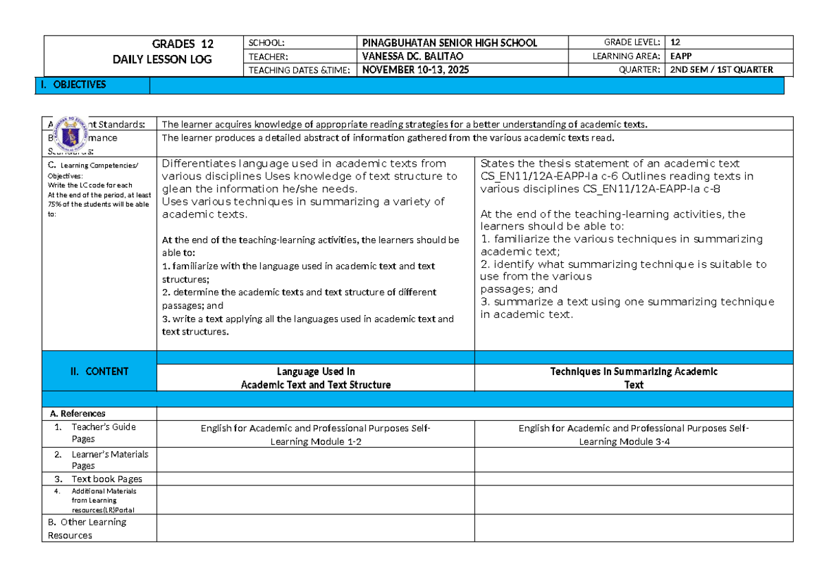 Q3 EAPP Week 2 Lesson Log: Academic Texts & Summarization Techniques ...