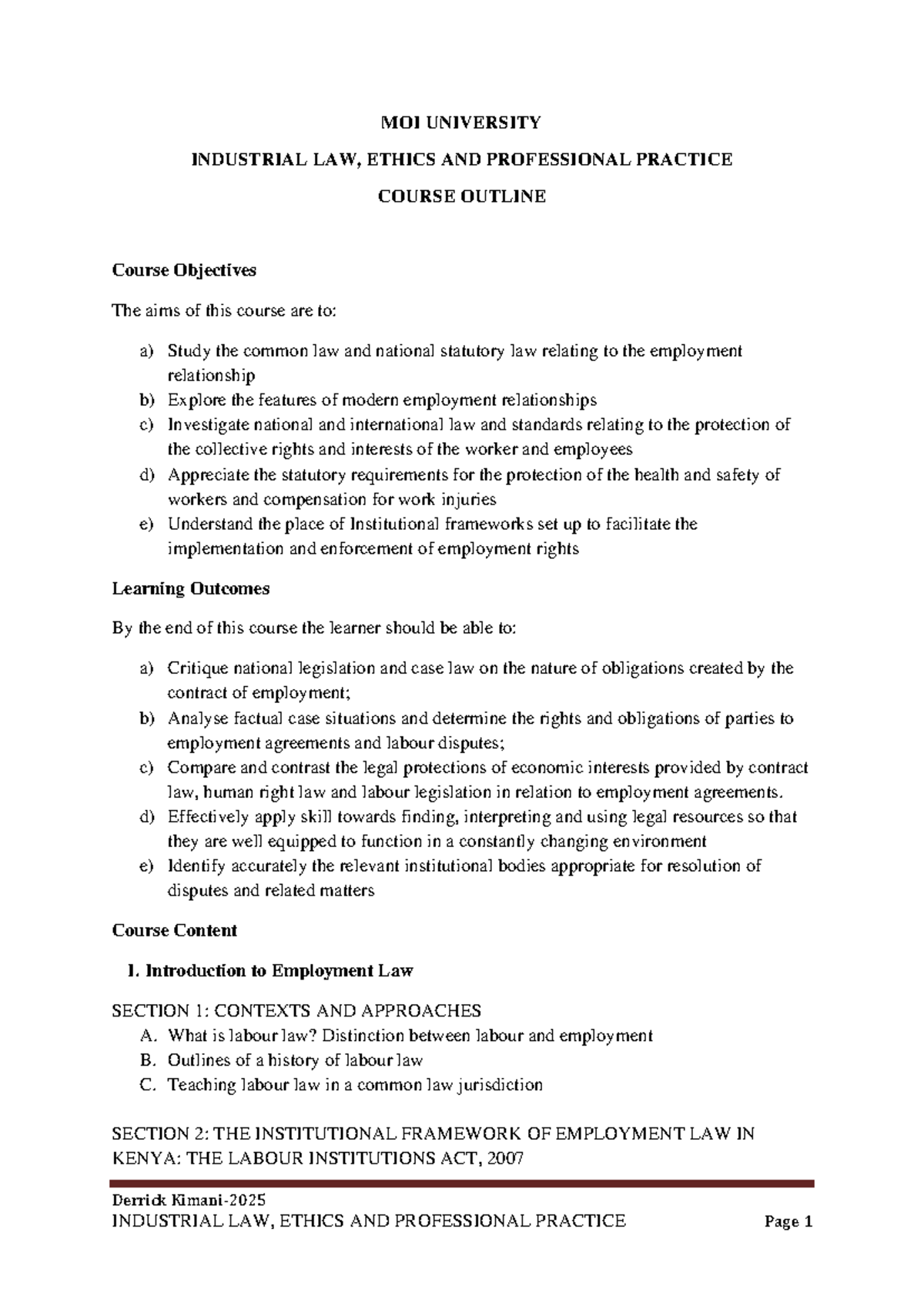 Industrial Law, Ethics & Professional Practice - Course Outline (MOI ...