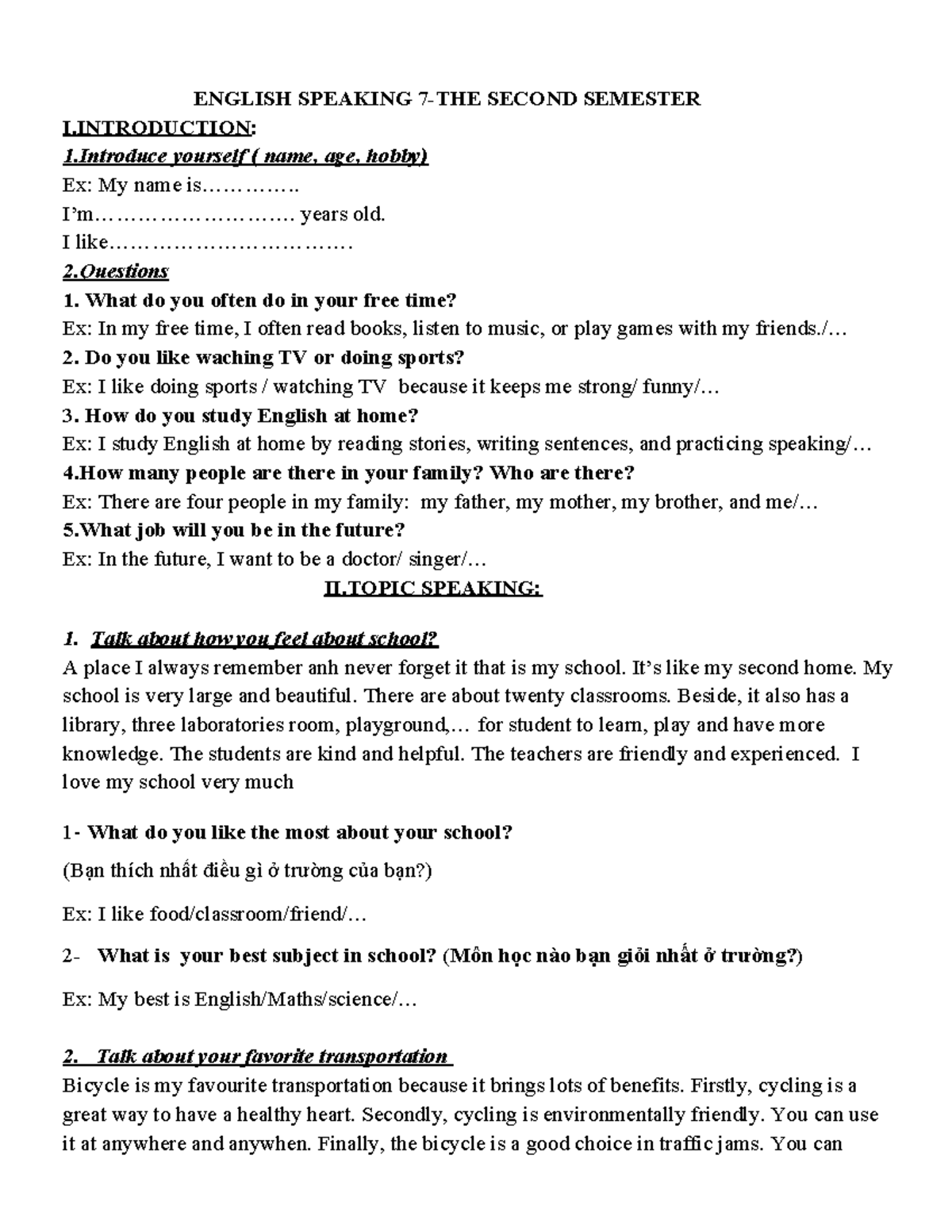 ENGLISH SPEAKING 7 - SECOND SEMESTER INTRODUCTION & TOPICS - Studocu