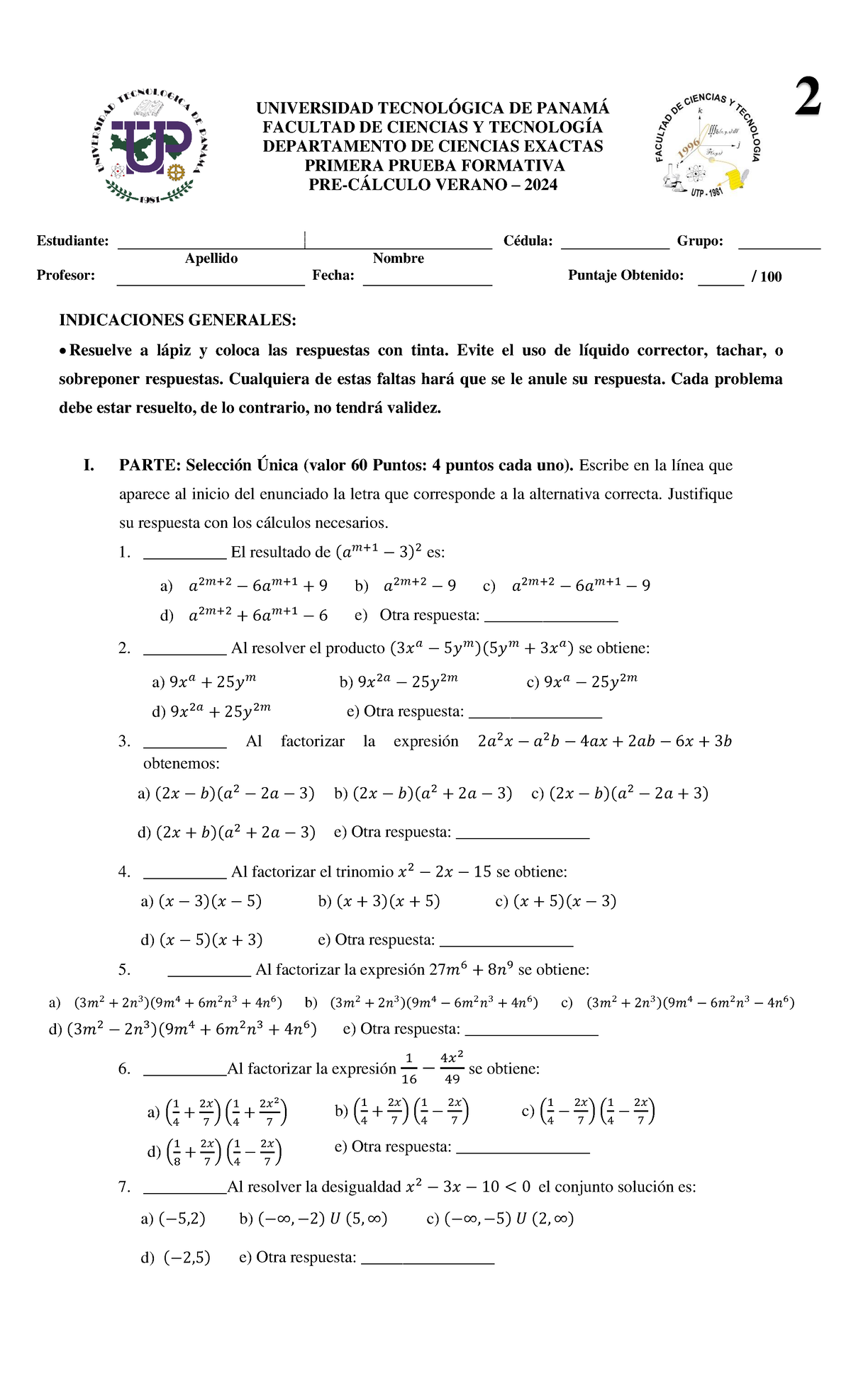 Prueba Parcial #1 Pre-Cálculo 2024 - Modelo 2 y Respuestas - Document Preview
