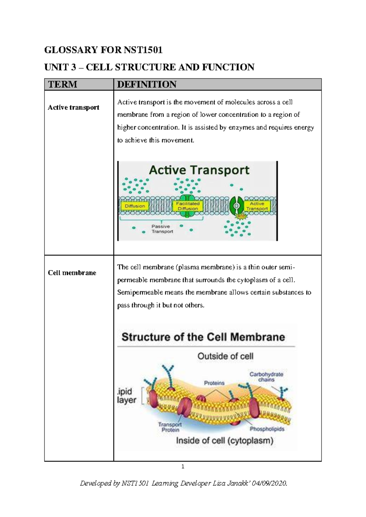 Glossary for NST 1501 - Unit 3: Cell Structure & Function Terms - Studocu