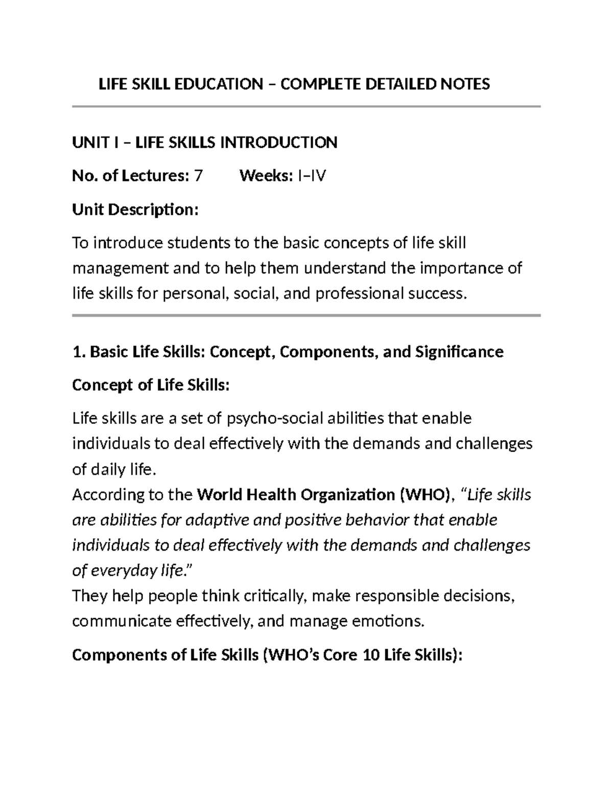 LSE SEC - Comprehensive Life Skills Education Notes - Studocu