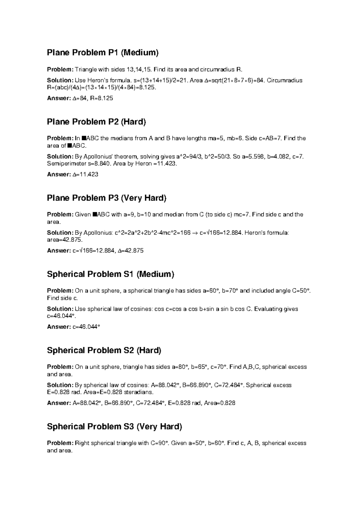 Plane and Spherical Trigonometry Problems (P1-P3, S1-S3) - Studocu