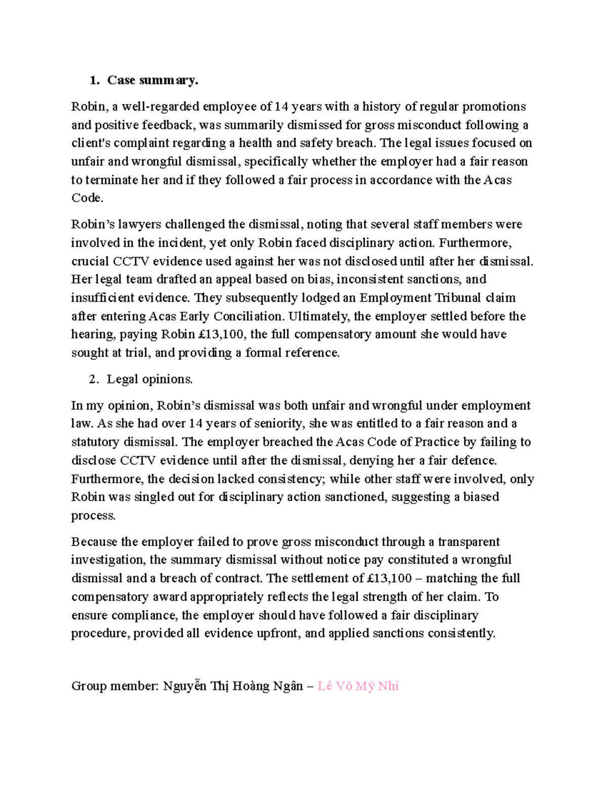 Case Study: Unfair Dismissal of Employee with 14 Years Service - Studocu