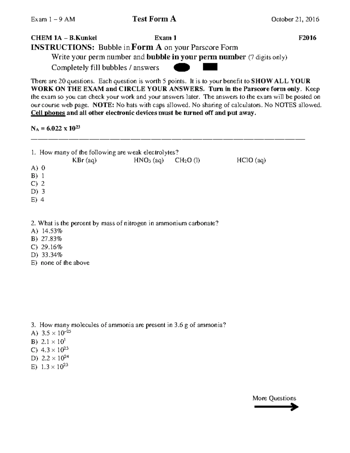 CHEM 1A Exam 1 Fall 2019 Key - Test Form A Answers and Instructions ...