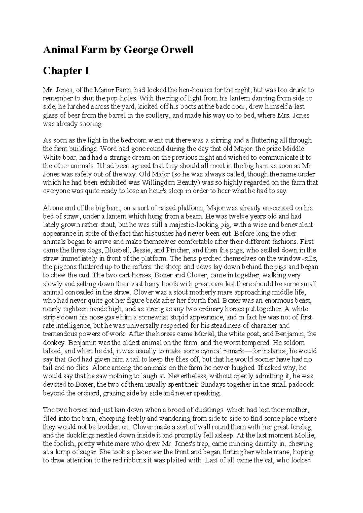 Animal Farm (ENG 101) Chapter I: The Dream of Old Major - Studocu