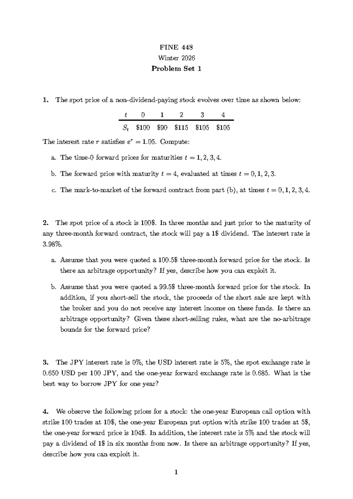 FINE 448 Winter 2026 Problem Set 1: Forward Pricing and Arbitrage ...