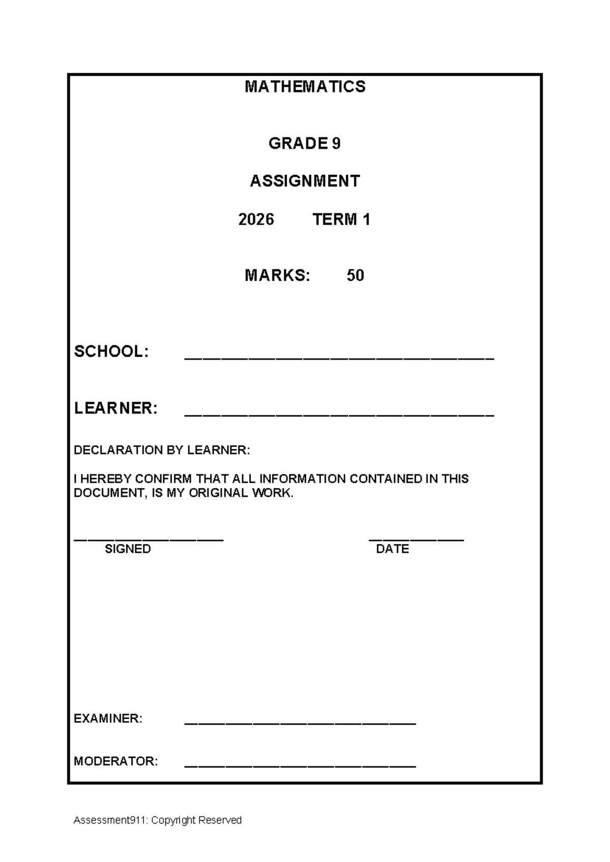 MATHEMATICS GRADE 9 ASSIGNMENT 2026 TERM 1 MARKS: 50 - Studeersnel