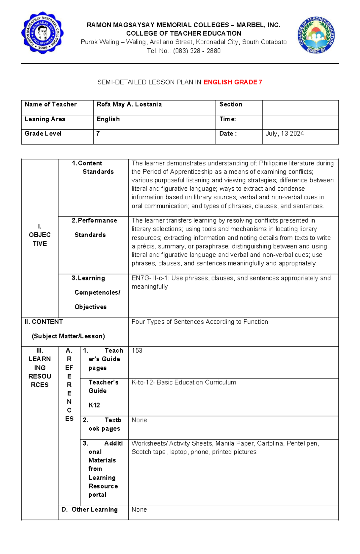 Grade 7 English Lesson Plan: Understanding Four Sentence Types - Studocu