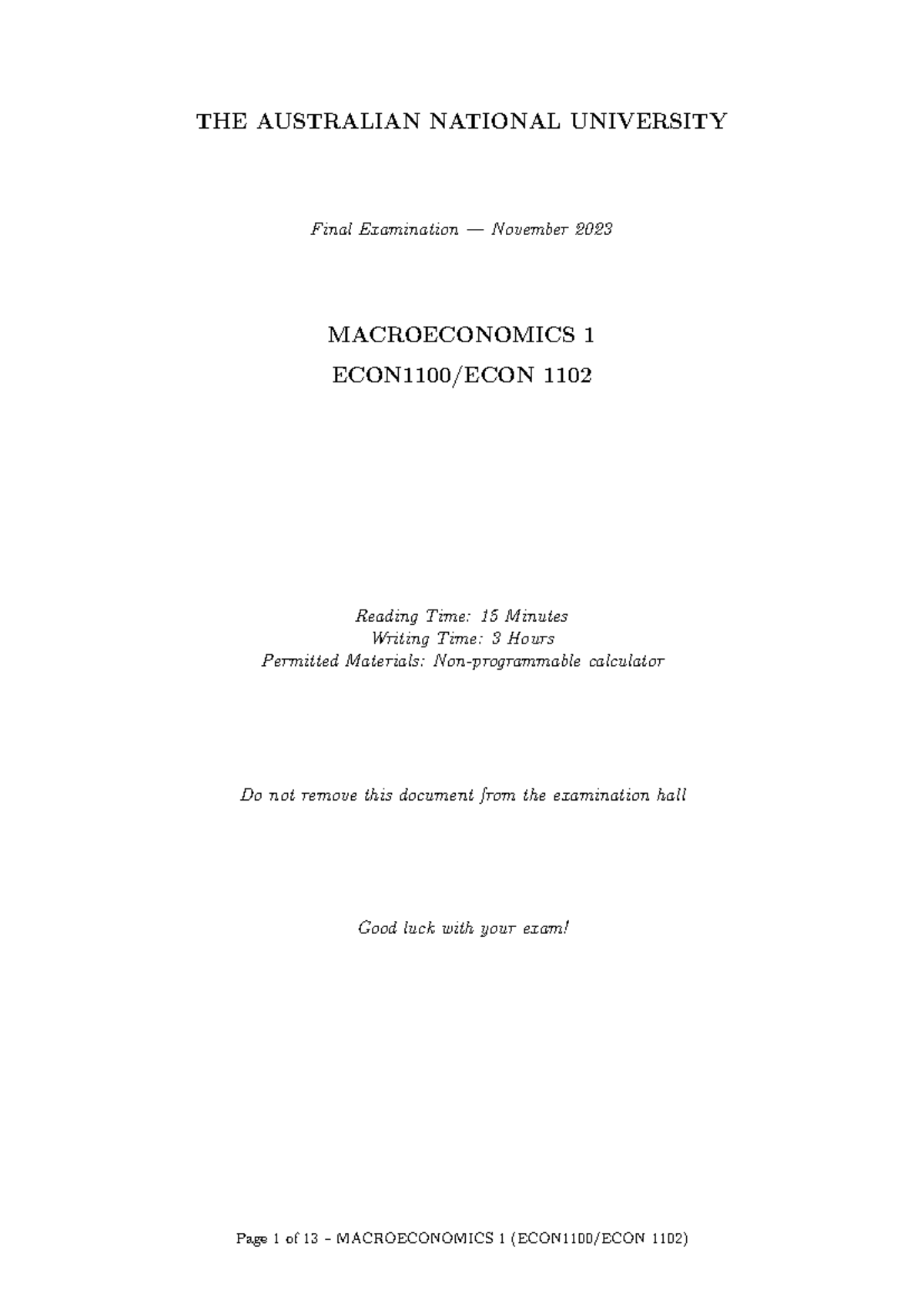 ECON1102 2023s2 Final Exam Solutions for Macroeconomics 1 - Studocu
