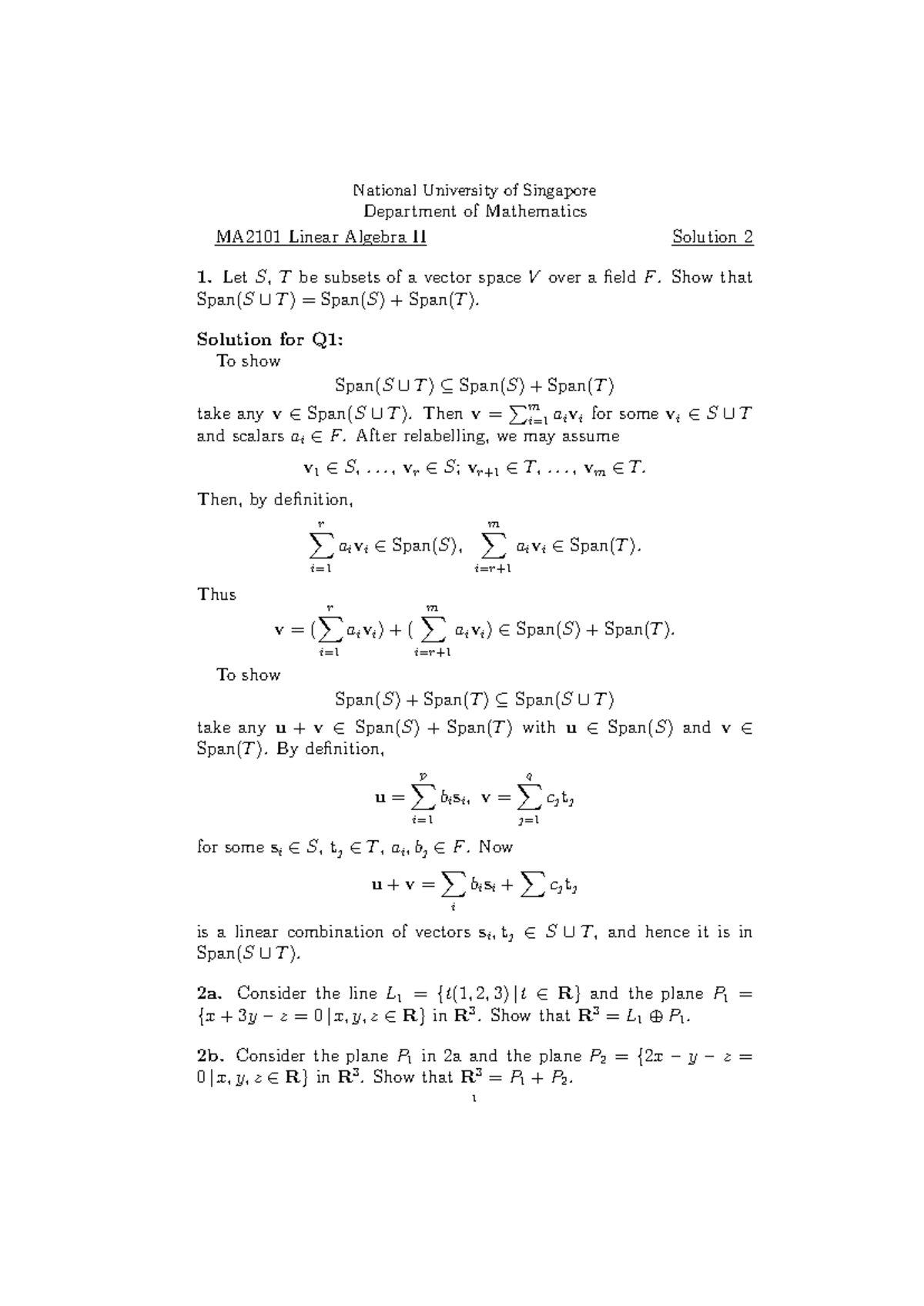 MA2101 Linear Algebra II - Solution 2 Notes and Explanations - Studocu