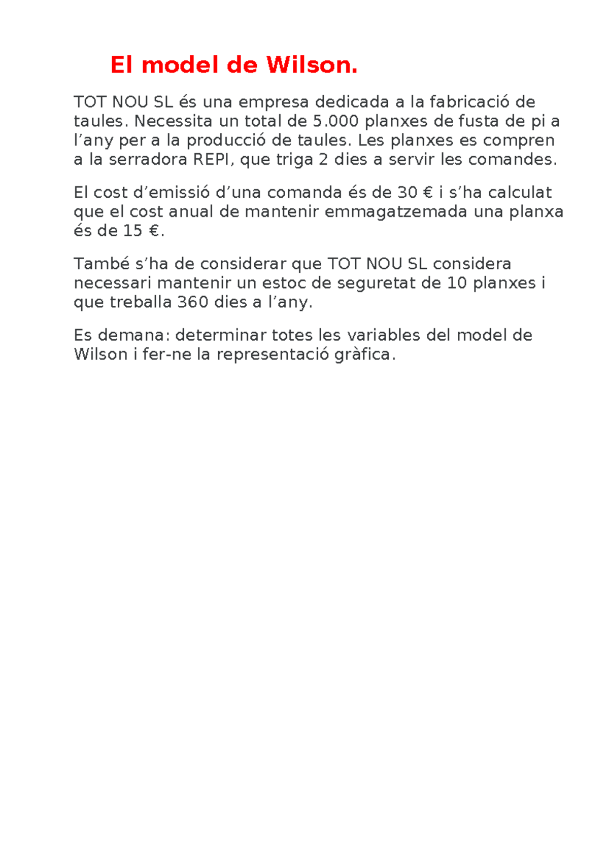 El model de Wilson exercici - El model de Wilson. TOT NOU SL és una ...