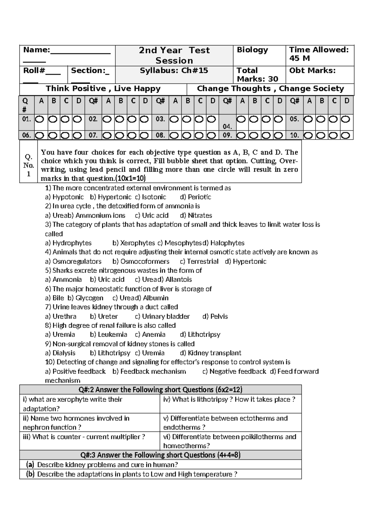 Bio 2nd Year - Chapter Wise Test Questions and Answers - Studocu