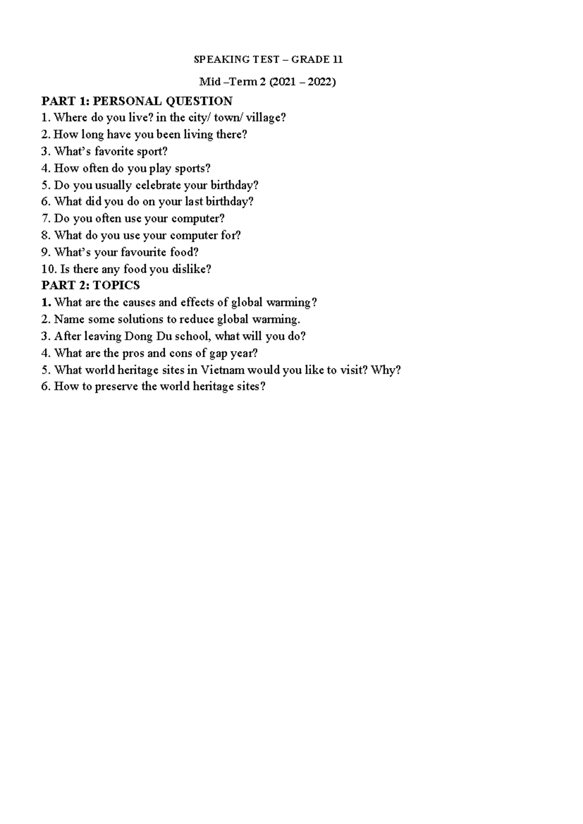 SPEAKING TEST GRADE 11 MIDTERM II (2021-2022) QUESTIONS & TOPICS - Studocu