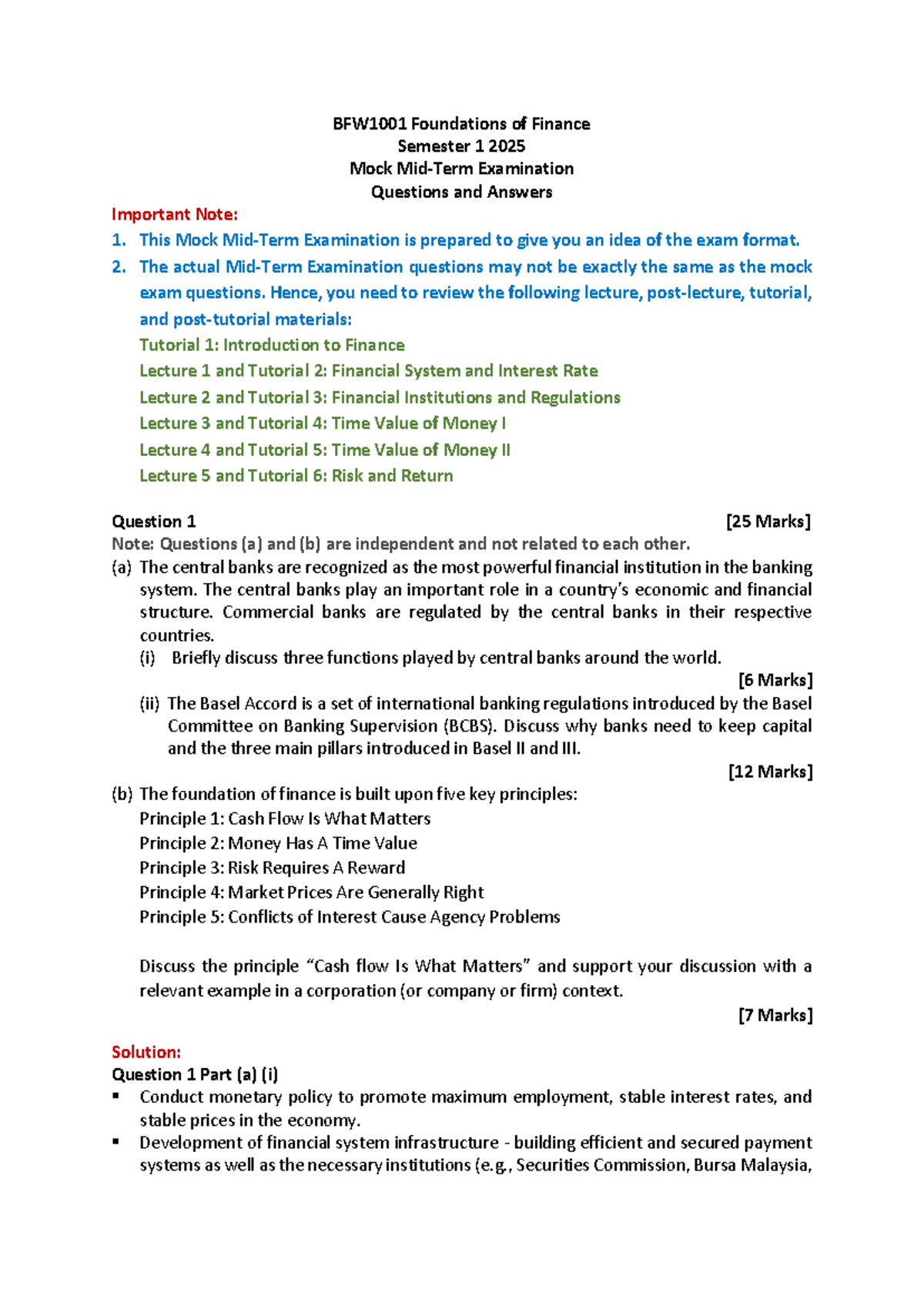 BFW1001 Mock Mid-Term Exam Q&A for Foundations of Finance (2025) - Studocu