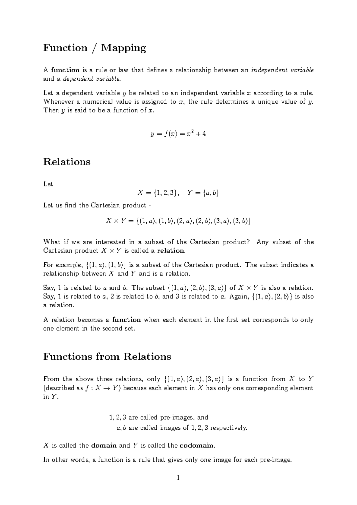 Function Mapping and Relations: Lecture Notes for Course Code FNC101 ...