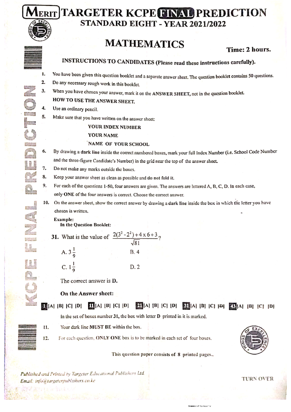 MATHEMATICS KCPE FINAL PREDICTION FOR STANDARD EIGHT 2021 - Studocu