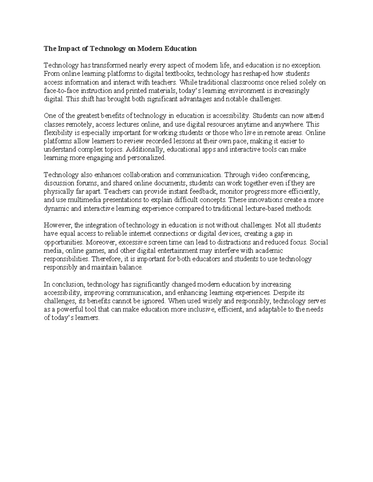 The Impact of Technology on Modern Education: Essay 2 - Studocu