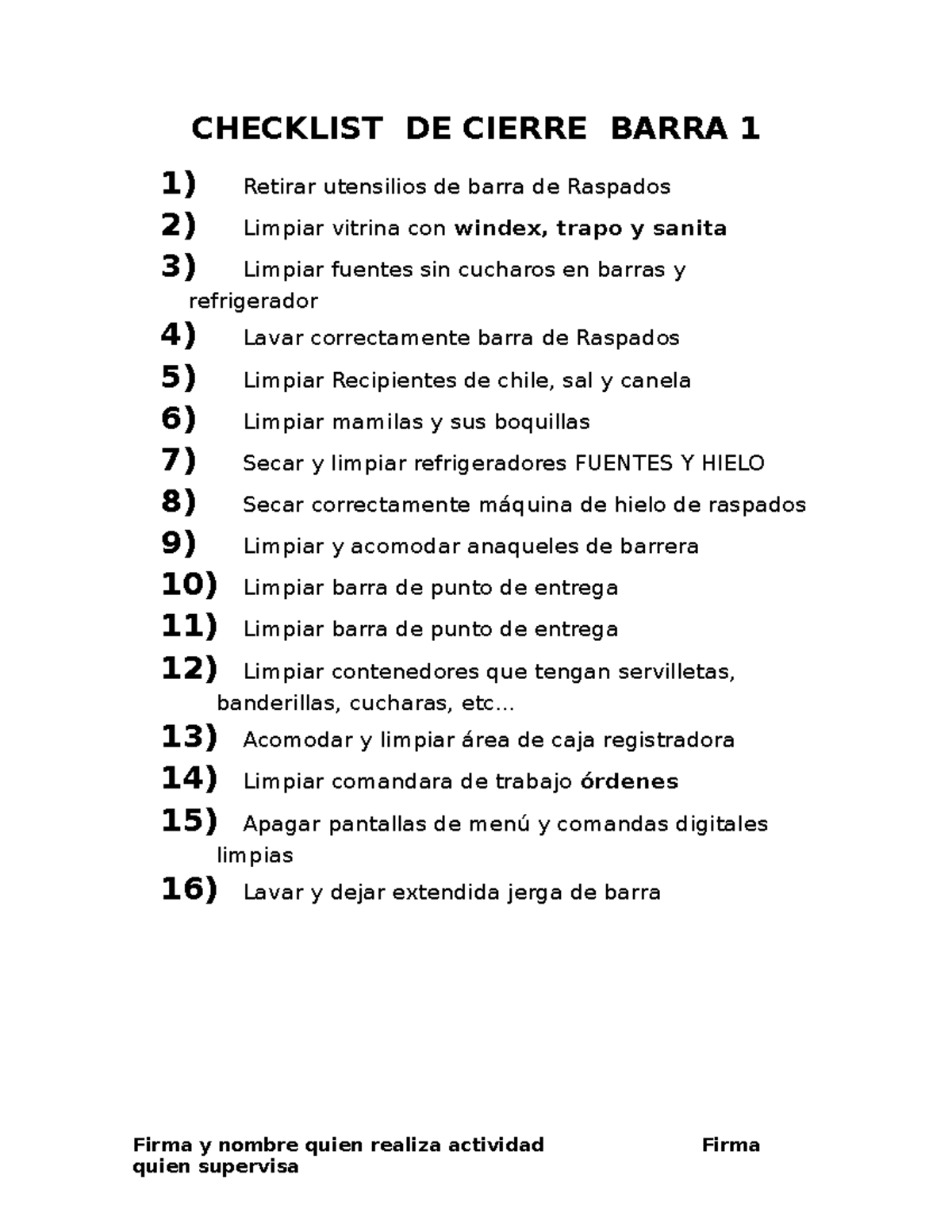CHECKLIST DE CIERRE BARRA Y TRASTES - Ali Práctica - Studocu