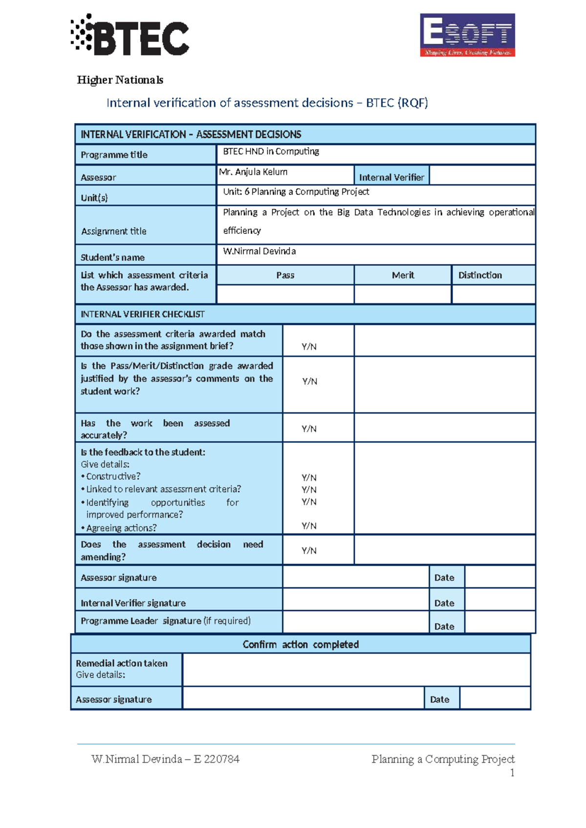 Planning a Computing Project - BTEC HND Unit 6 Assignment 2023-2024 ...
