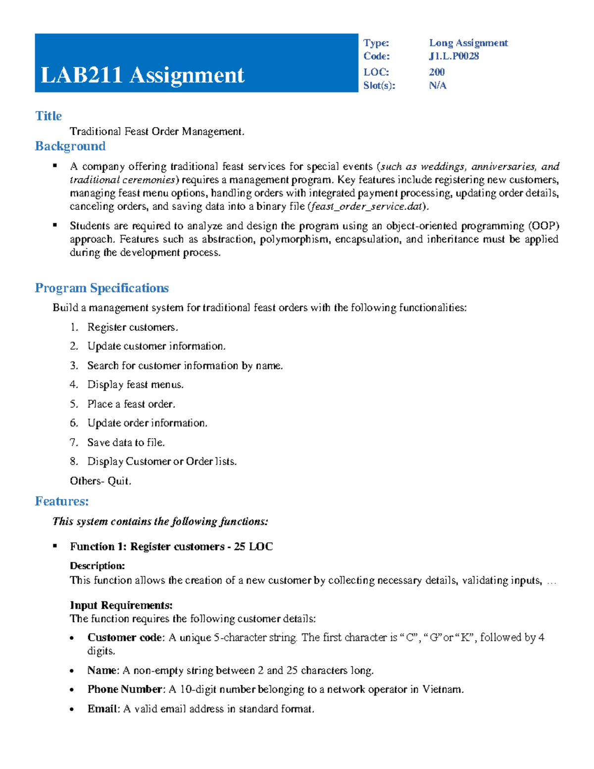 J1.L.P0028 Long Assignment: Traditional Feast Order Management System - Document Preview