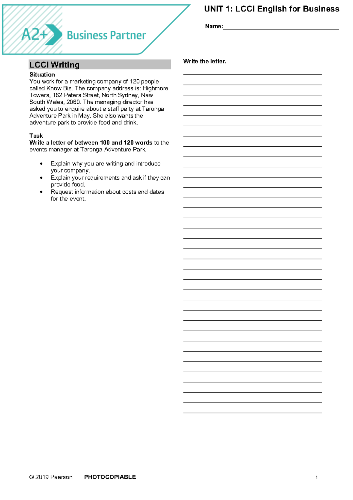 LCCI BP A2+ Unit 1 Writing Test: Staff Party Letter Inquiry - Studocu