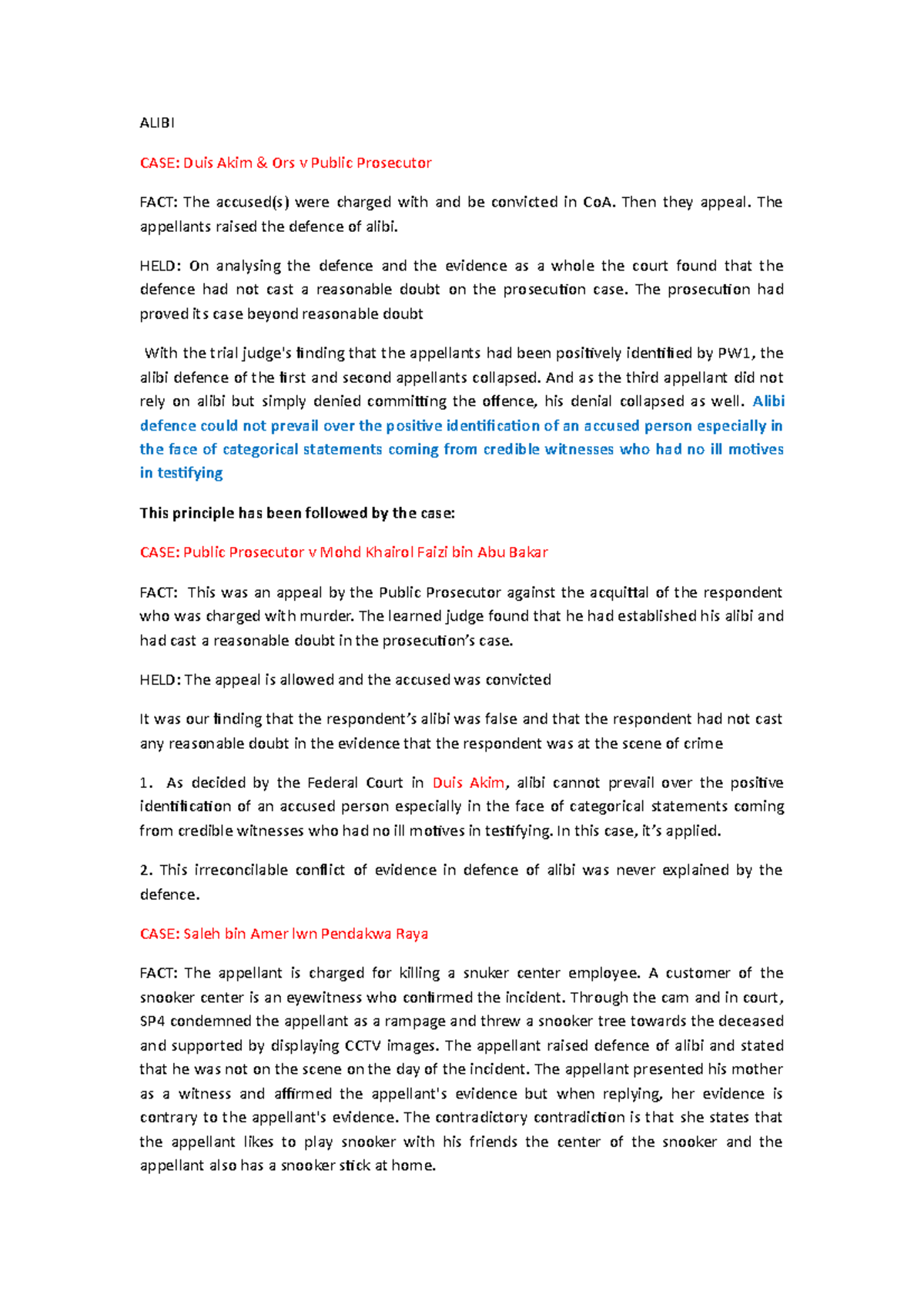 Alibi Cases Analysis - Evidence I Insights and Rulings - Studocu