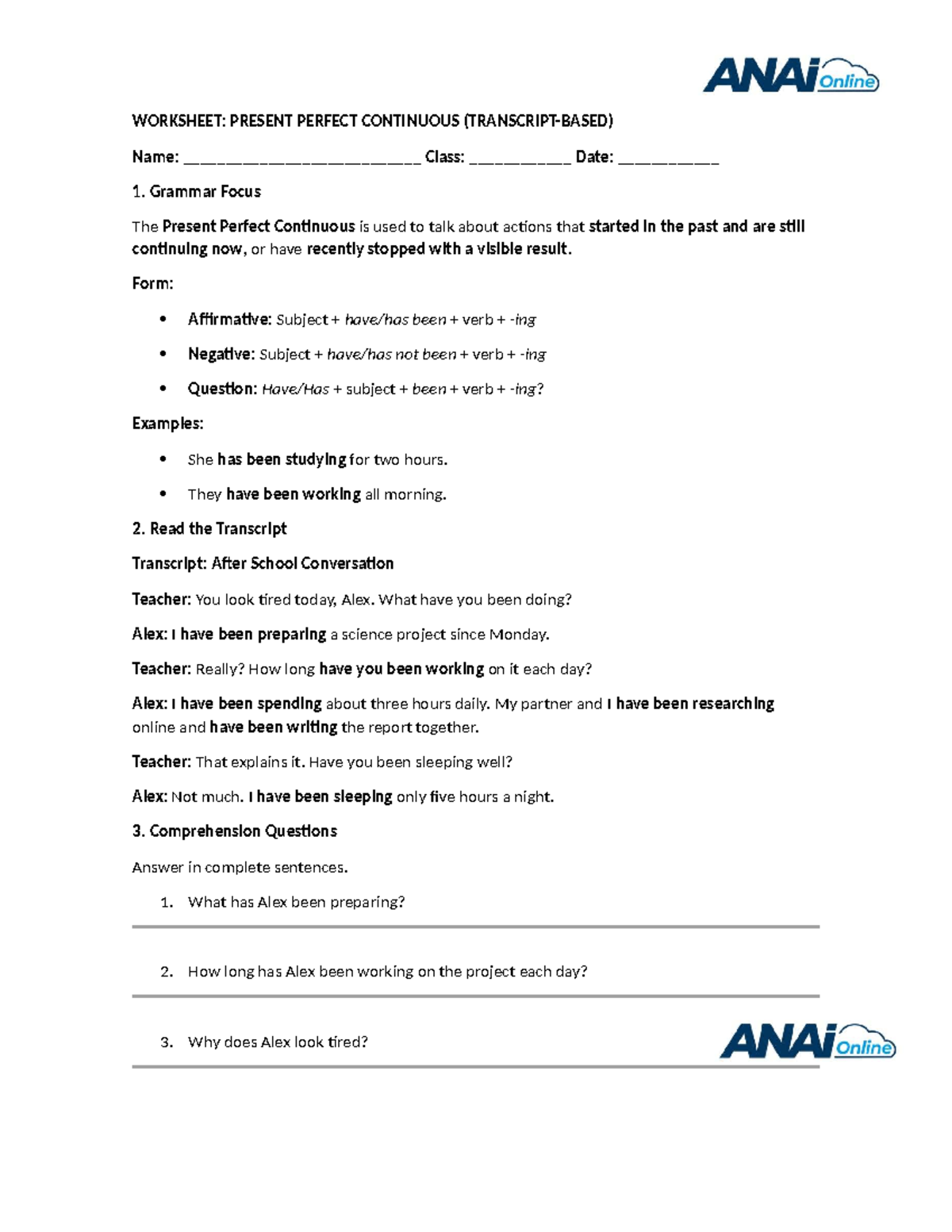 Worksheet: Present Perfect Continuous Grammar Practice - Studocu