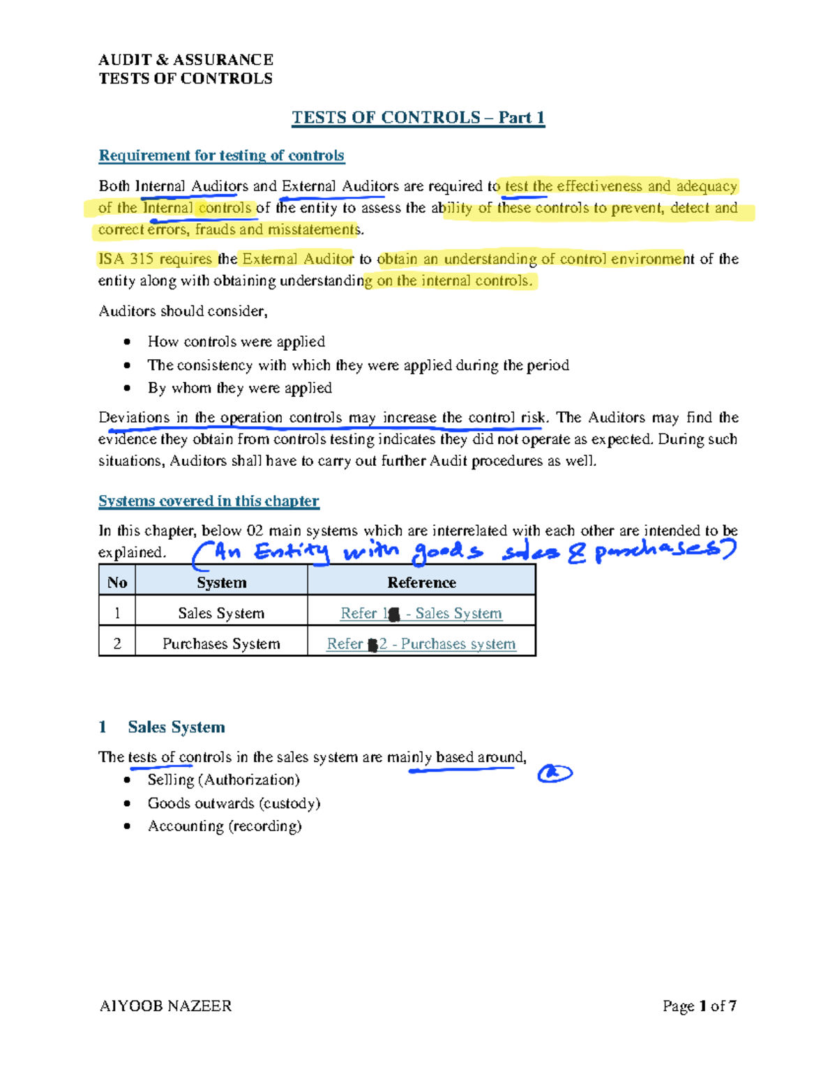 AUDIT 101: Test of Controls - Internal & External Auditors - Studocu