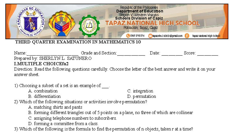 MATHEMATICS 10: 3RD QUARTER EXAMINATION WITH TOS - Studocu