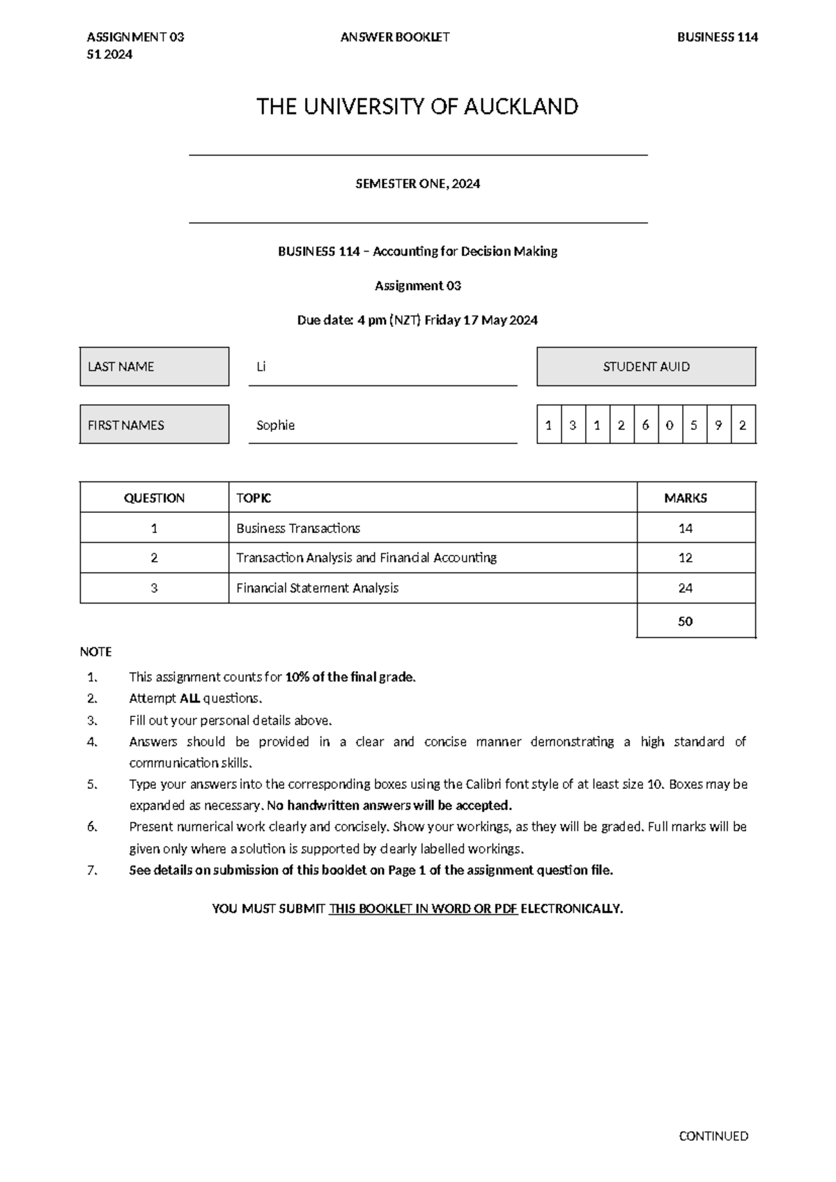 BUS114 Assignment 03 S1 2024 - Comprehensive Answer Booklet - Studocu