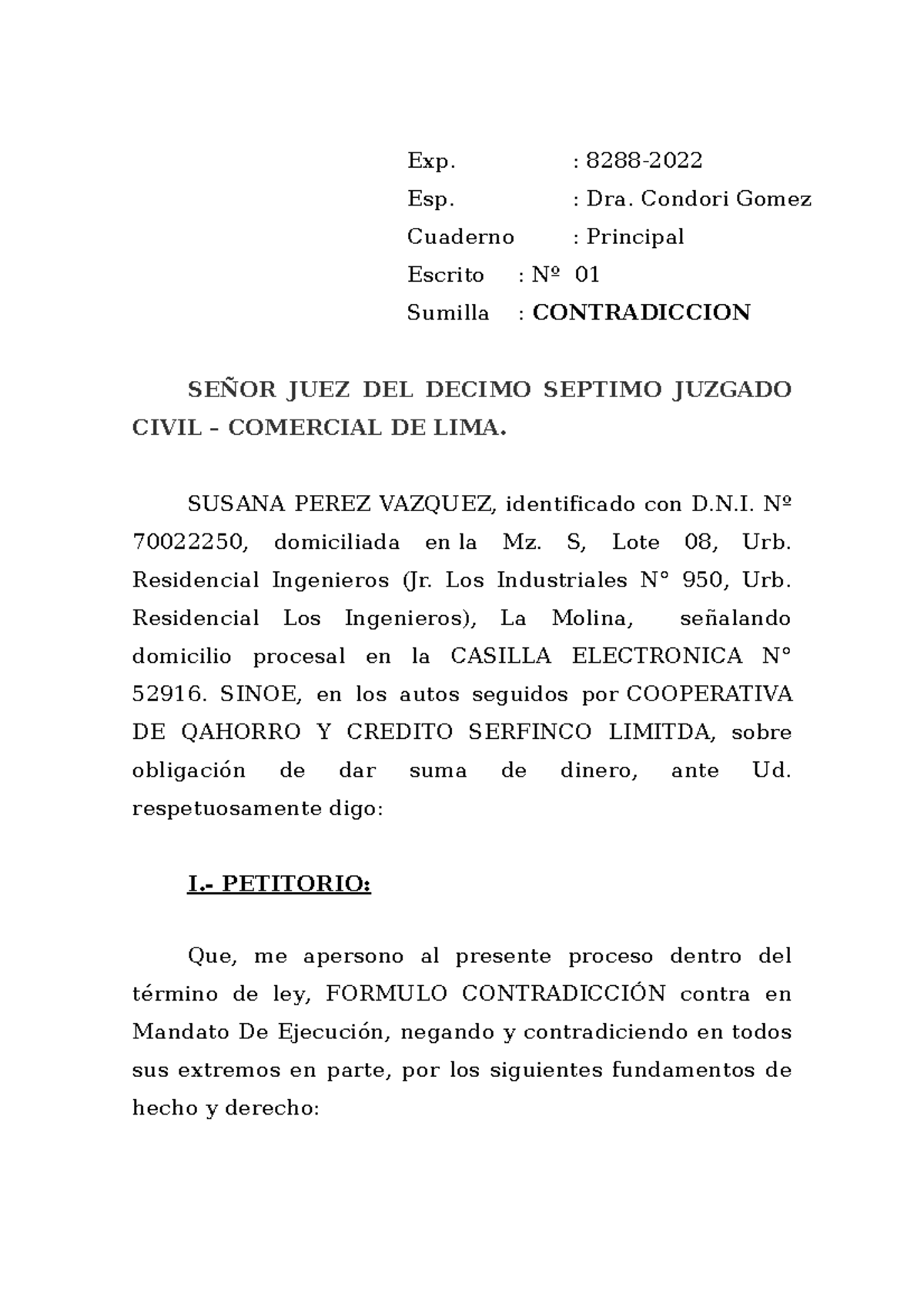 Contradicción de Ejecución de Garantía Hipotecaria - Exp. 8288- - Document Preview