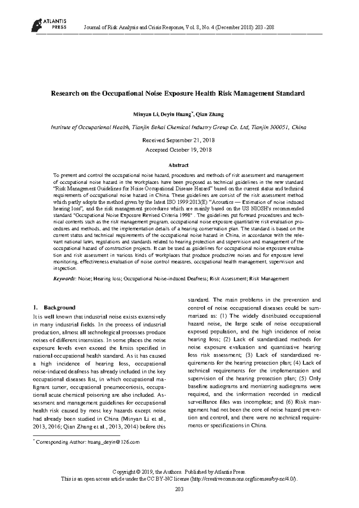 Management Guidelines for Occupational Noise Exposure Risk Assessment ...