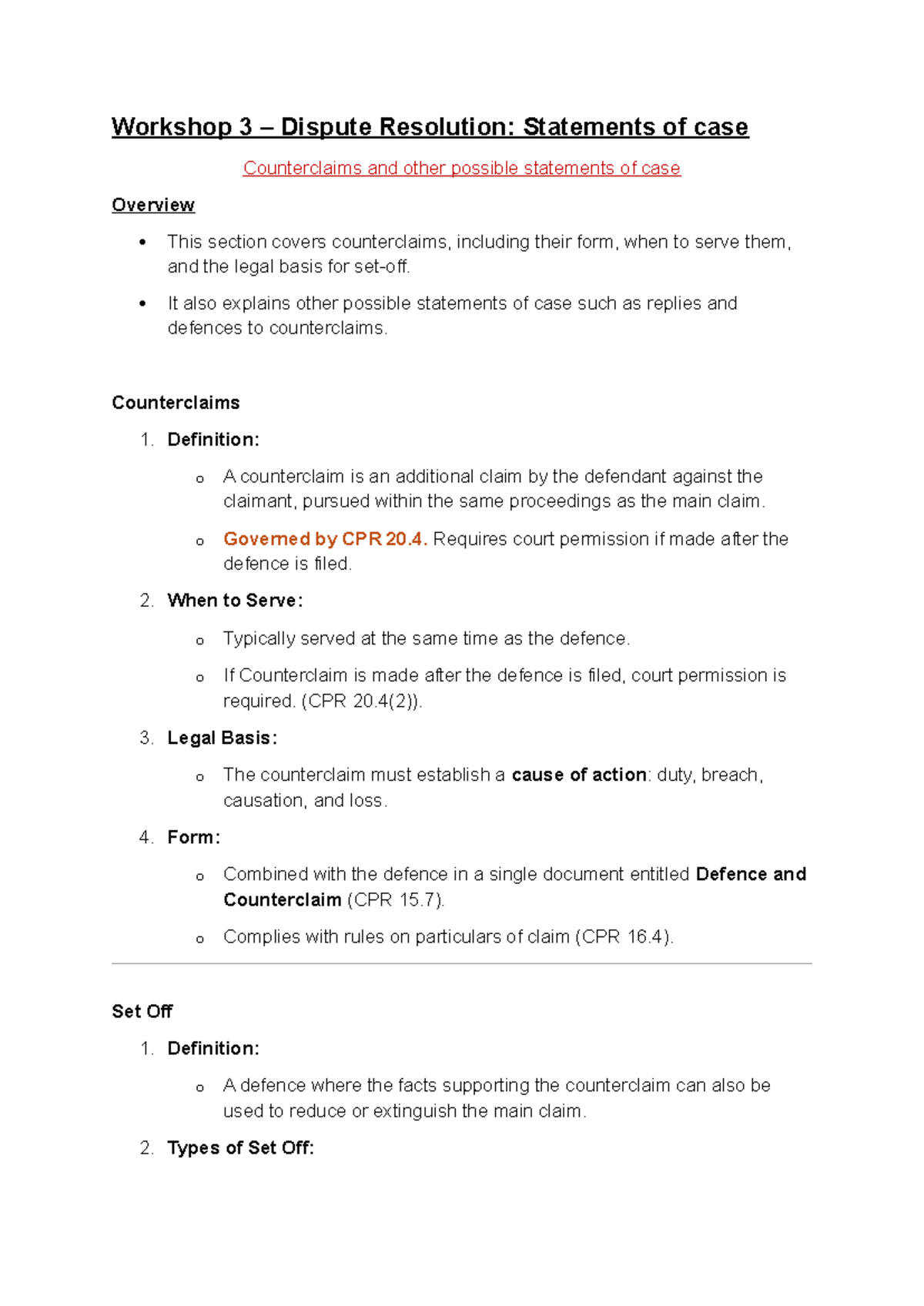 Workshop 3 - Workshop 3 – Dispute Resolution: Statements of case ...