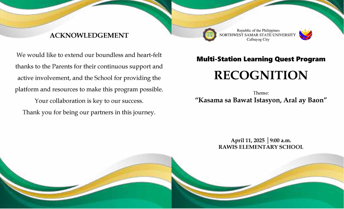 Acknowledgement of Support for Learning Quest Program - NWSSU - Studocu