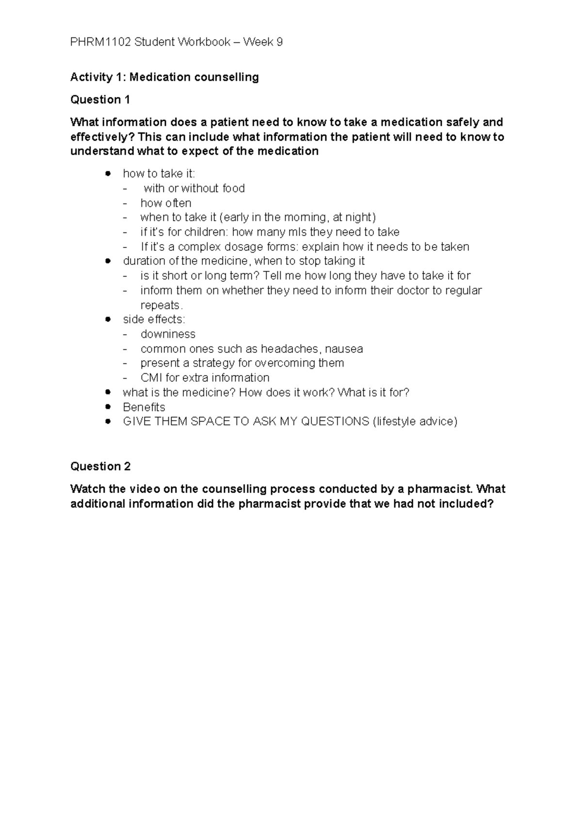 PHRM1102 Week 9 Student Workbook: Medication Counselling Activities ...