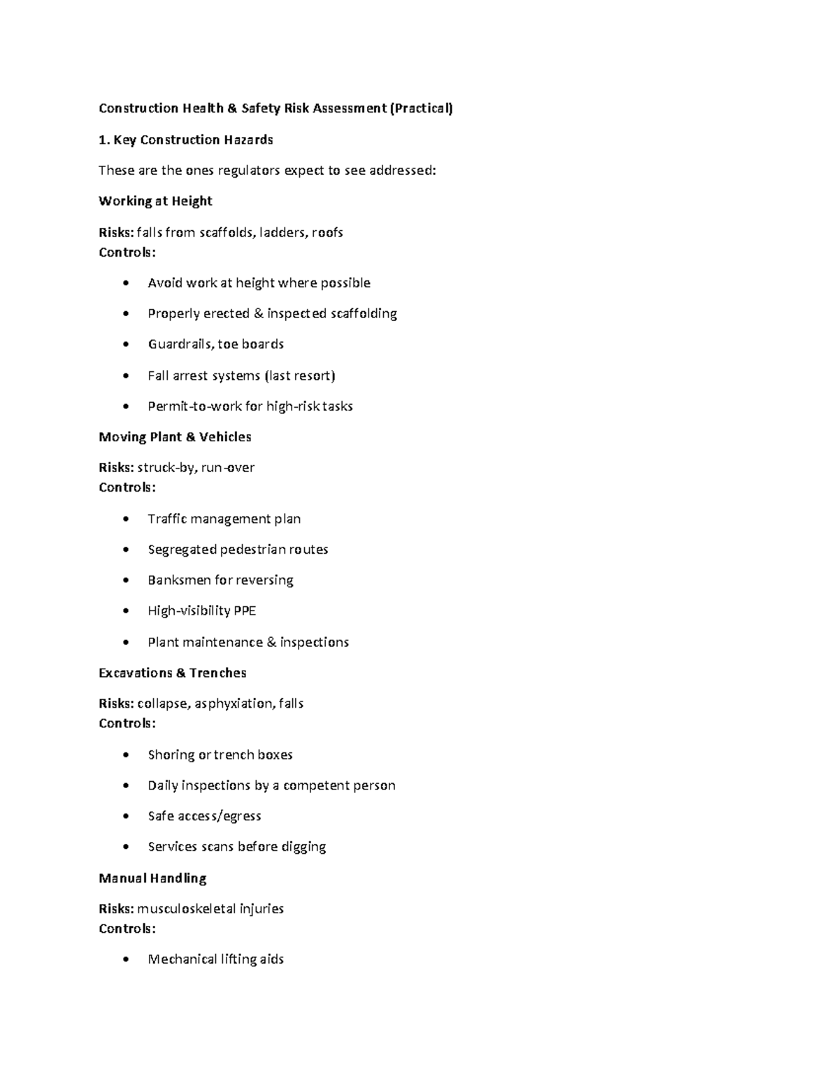 Construction Risk Assessment (Practical) - Key Hazards & Controls - Studocu