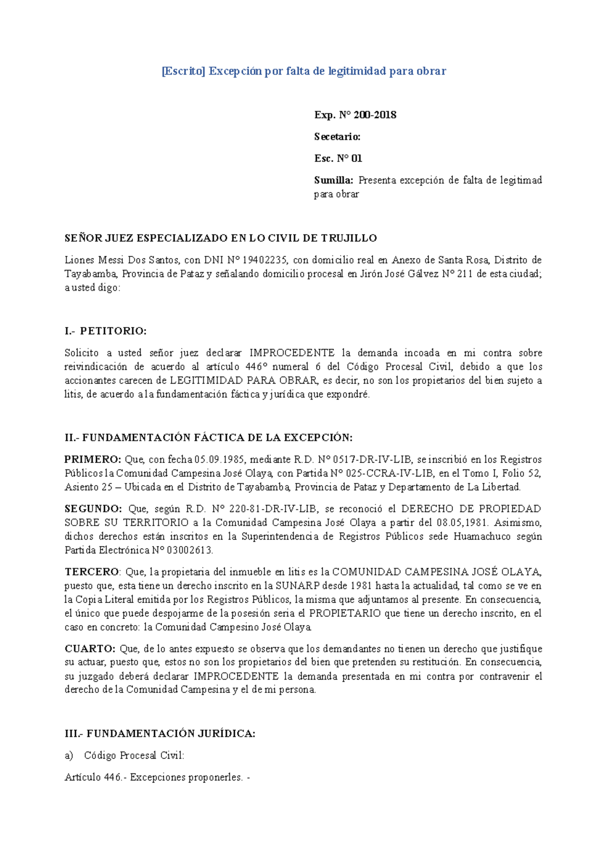 Escrito sobre Excepción de Falta de Legitimidad para Obrar - Studocu