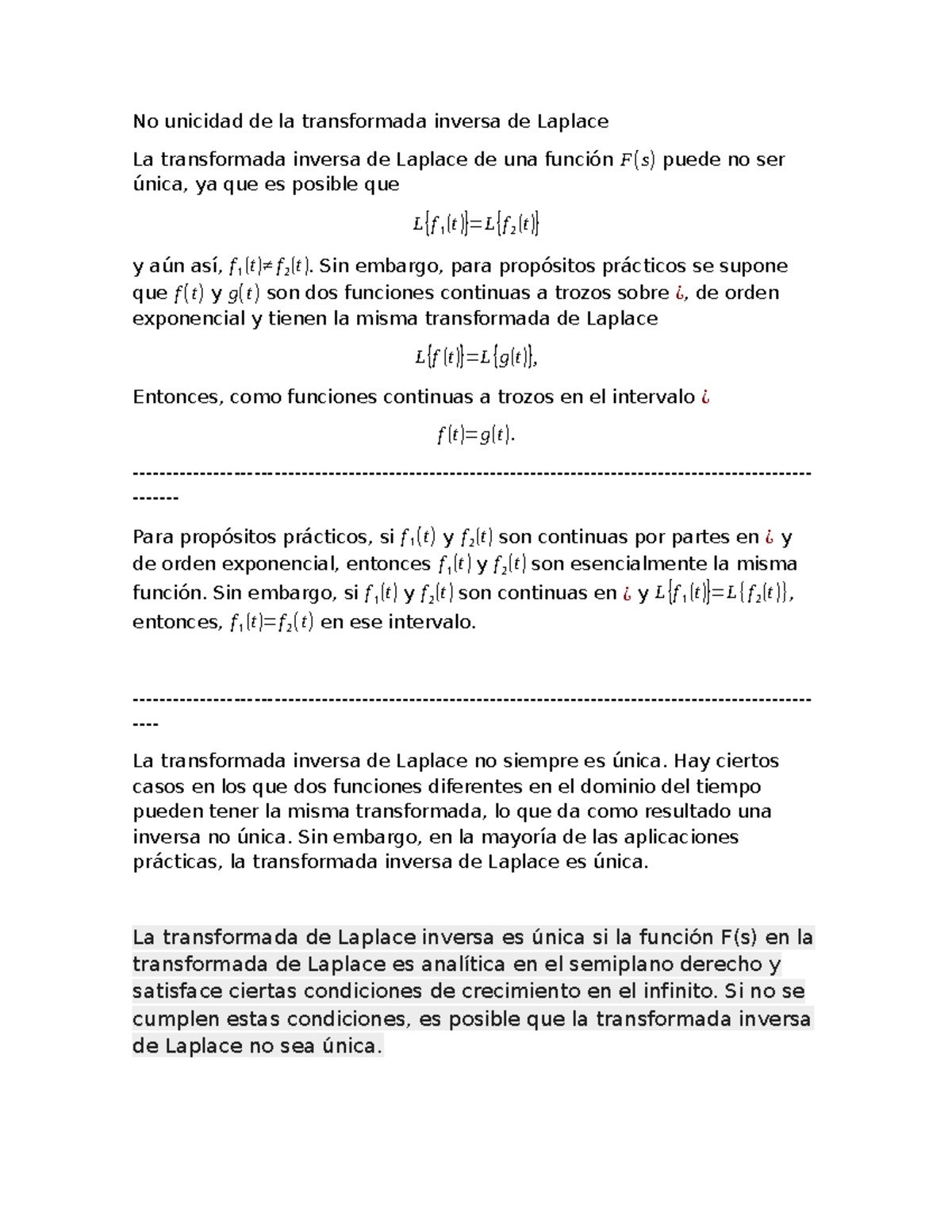 No unicidad de la transformada inversa de Laplace: Análisis de casos ...