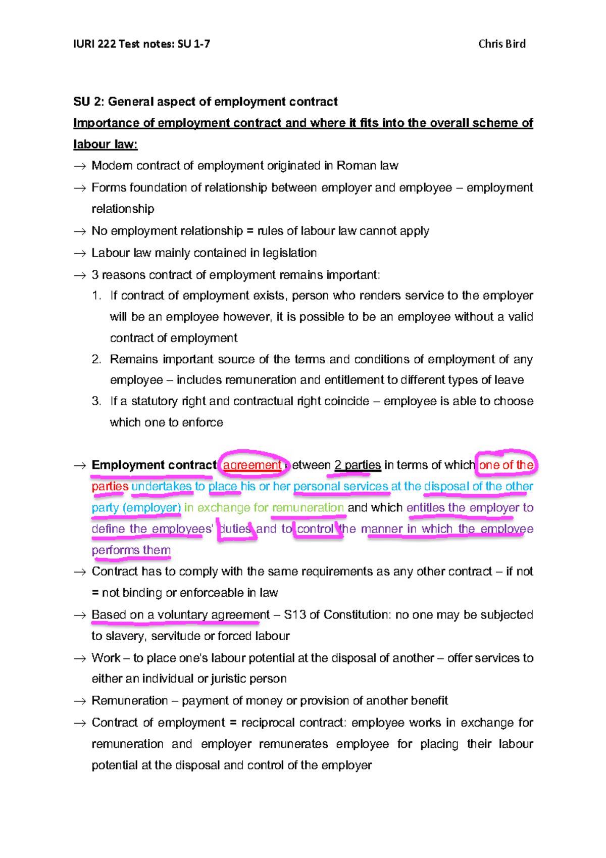 IURI Test Notes: SU 222 Employment Contract Fundamentals and Labour Law ...