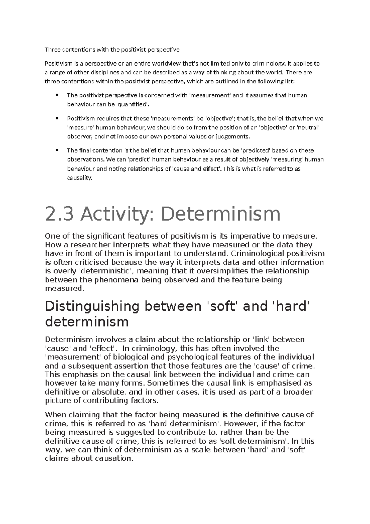 Positivism in Criminology: Key Contentions and Critiques - Week 2 - Studocu
