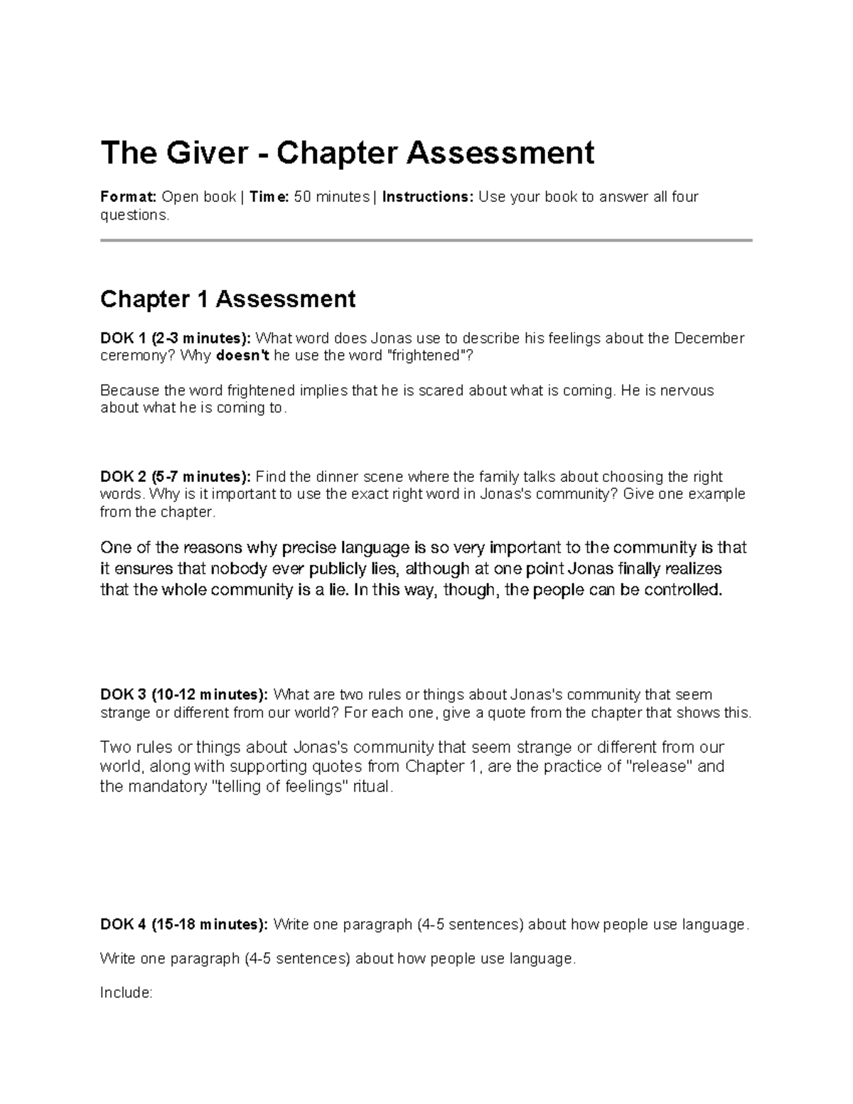 The Giver - Chapter 1 Assessment Questions and Analysis - Studocu