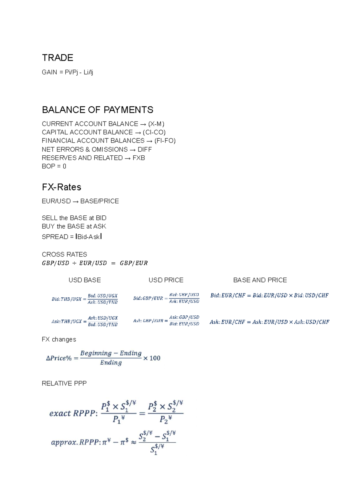 IF25 Formelblad: FX Rates, BOP Balances & Hedging Strategies - Studocu