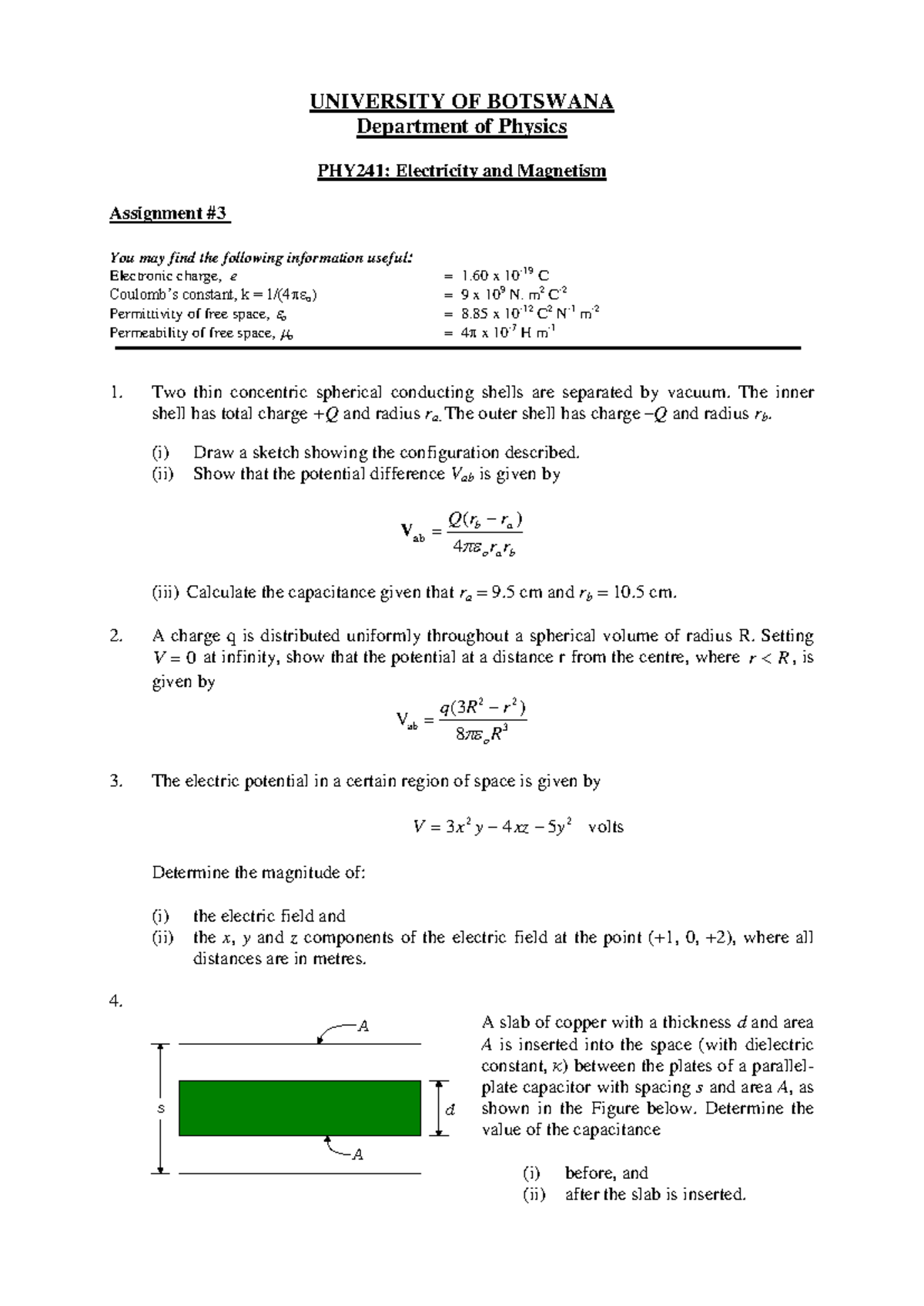 PHY241: Electricity and Magnetism Assignment Notes and Solutions - Studocu
